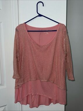 Layered Peach Knit Overlay Gold Sparkle Top